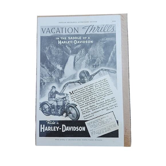 1936 Old Magazine Print Ad, Harley-Davidson Motorcycle, for Vacation Thrills! - Picture 1 of 3